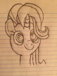 Size: 1024x1365 | Tagged: safe, artist:whobawhats, derpibooru import, starlight glimmer, pony, unicorn, bust, c:, female, heart eyes, lined paper, mare, monochrome, pencil drawing, portrait, smiling, solo, traditional art, wingding eyes