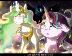 Size: 4500x3500 | Tagged: safe, artist:96paperkuts, derpibooru import, daybreaker, nightmare moon, princess celestia, starlight glimmer, pony, a royal problem, absurd resolution, battlefield, concerned, dream, floppy ears, fluffy, high res, magic, offscreen character, scene interpretation