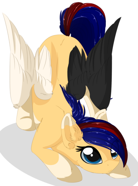 Size: 1024x1380 | Tagged: safe, artist:little-sketches, derpibooru import, oc, oc:amane, unofficial characters only, pegasus, pony, colored wings, cute, female, imminent pounce, mare, multicolored wings, ocbetes, offspring, parent:oc:kurai chinmoku, parent:oc:yeri, parents:oc x oc, simple background, smiling, solo, transparent background