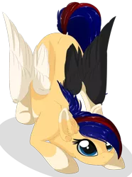 Size: 1024x1380 | Tagged: safe, artist:little-sketches, derpibooru import, oc, oc:amane, unofficial characters only, pegasus, pony, colored wings, cute, female, imminent pounce, mare, multicolored wings, ocbetes, offspring, parent:oc:kurai chinmoku, parent:oc:yeri, parents:oc x oc, simple background, smiling, solo, transparent background