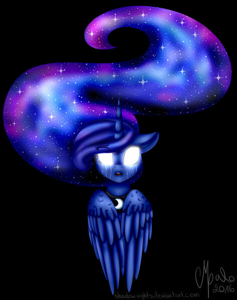 Size: 2230x2830 | Tagged: safe, artist:shadow-nights, derpibooru import, princess luna, alicorn, pony, black background, bust, crying, female, floppy ears, glowing eyes, mare, portrait, signature, simple background, solo, wings