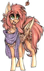 Size: 892x1435 | Tagged: safe, artist:tenebristayga, derpibooru import, oc, unofficial characters only, pegasus, pony, chest fluff, clothes, freckles, leaf, marker drawing, open mouth, scarf, simple background, smiling, solo, traditional art, transparent background