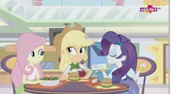 Size: 1152x638 | Tagged: safe, derpibooru import, screencap, applejack, fluttershy, rarity, equestria girls, mirror magic, spoiler:eqg specials, apple, burger, canterlot mall, drink, eyes closed, female, food, frown, geode of super strength, gritted teeth, hamburger, looking at each other, magical geodes, salad, serving tray, smiling, teletoon
