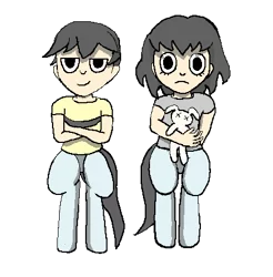 Size: 435x442 | Tagged: artist needed, clothes, crossed arms, derpibooru import, duo, female, frown, ghost, male, oc, oc:franklin, oc:victoria, offspring, parent:oc:annabelle braustitch, plushie, safe, satyr, shirt, simple background, smiling, source needed, strange waifus, transparent background, underwear, unofficial characters only, wide eyes