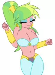 Size: 1253x1721 | Tagged: suggestive, artist:cbear624, derpibooru import, lemon zest, genie, equestria girls, friendship games, alternate hairstyle, belly button, belly dancer, big breasts, bra, breasts, busty lemon zest, clothes, cosplay, costume, curvy, eyes closed, eyeshadow, female, makeup, shantae, simple background, smiling, solo, solo female, thighs, underwear, wide hips