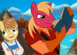 Size: 600x429 | Tagged: safe, derpibooru import, edit, big macintosh, feather bangs, pony, hard to say anything, beauty and the beast, belle, book, crossover, gaston, meme