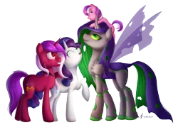 Size: 2453x1800 | Tagged: safe, artist:divlight, derpibooru import, rarity, oc, oc:burning passion, oc:cyanide sting, oc:gemstone, changeling, pony, unicorn, female, filly, raised hoof, simple background, transparent background