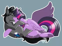 Size: 1024x759 | Tagged: safe, artist:riverofdreams, derpibooru import, twilight sparkle, twilight sparkle (alicorn), oc, oc:shooting star, alicorn, pony, canon x oc, kissing, simple background