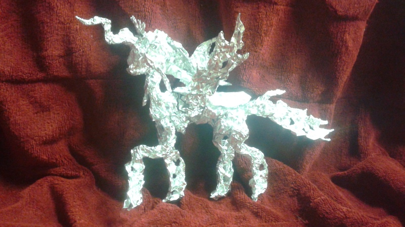 Size: 2560x1440 | Tagged: aluminum, antagonist, artist:thefoilguy, changeling, changeling queen, derpibooru import, foil, photo, queen chrysalis, safe, sculpture, traditional art