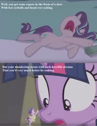 Size: 1019x1328 | Tagged: alicorn, a royal problem, cropped, derpibooru import, edit, edited screencap, gilbert and sullivan, glimmerina, iolanthe, lyrics, nightmare, safe, screencap, sleeping, sleepy starlight, song reference, starlight glimmer, text, twilight sparkle, twilight sparkle (alicorn)