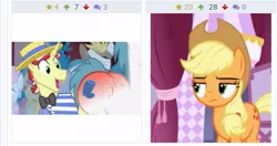 Size: 495x262 | Tagged: safe, derpibooru import, applejack, flim, pony, derpibooru, fourth wall, juxtaposition, meta, plot, timing