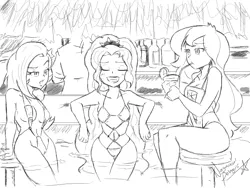 Size: 800x600 | Tagged: suggestive, artist:nayaasebeleguii, derpibooru import, adagio dazzle, princess luna, trixie, equestria girls, bikini, blushing, breasts, busty princess luna, busty trixie, clothes, delicious flat chest, flatdagio dazzle, grayscale, monochrome, sketch, swimming pool, swimsuit, vice principal luna