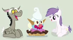 Size: 3182x1740 | Tagged: safe, artist:punzil504, derpibooru import, discord, princess celestia, ponified, pegasus, pony, for the pony who has everything, forever filly, spoiler:comic, spoiler:comic50, clown surprise, eating, food, ice cream, idw showified, pony discord, simple background, transformed