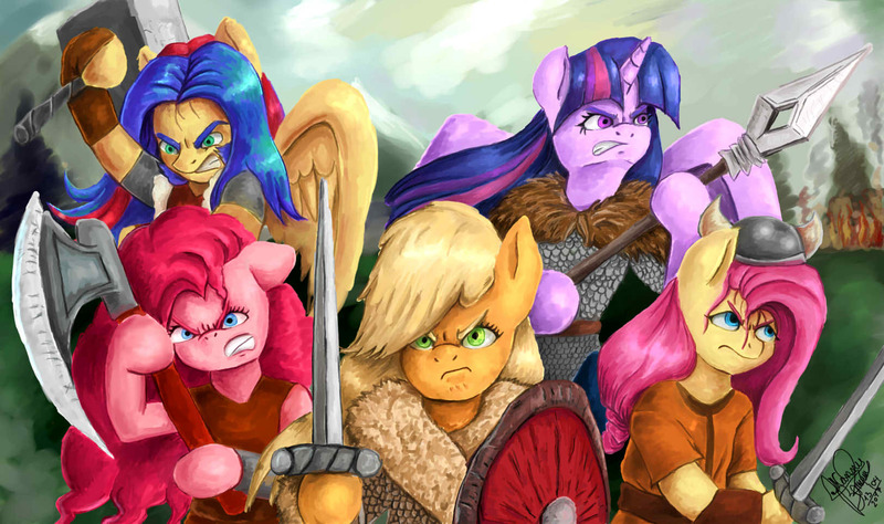 Size: 1624x963 | Tagged: safe, artist:mannybcadavera, derpibooru import, applejack, fluttershy, pinkie pie, twilight sparkle, twilight sparkle (alicorn), oc, oc:sigvard warelius, alicorn, earth pony, pegasus, pony, axe, battle axe, commission, female, fire, group, hammer, helmet, mare, serious, serious face, spear, sword, viking, weapon