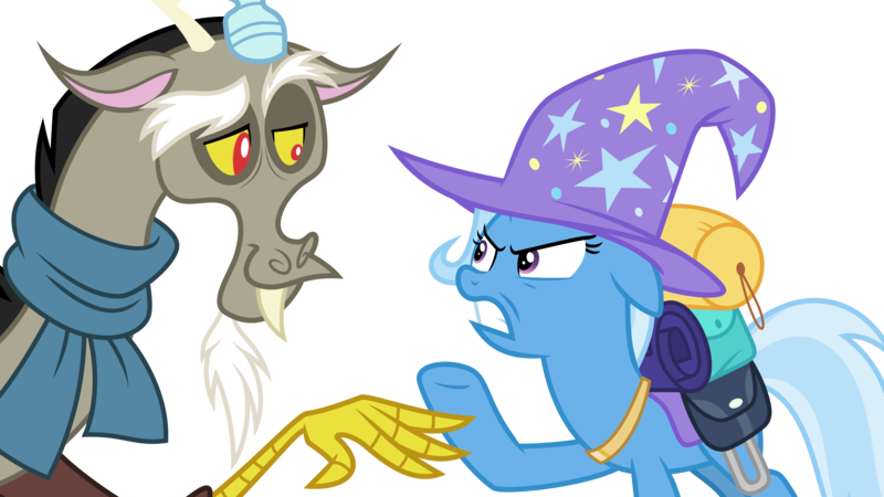 Size: 5760x3240 | Tagged: safe, artist:timeymarey007, derpibooru import, discord, trixie, pony, unicorn, to where and back again, .svg available, absurd resolution, angry, backpack, clothes, female, hat, male, mare, scarf, simple background, transparent background, trixie's hat, vector