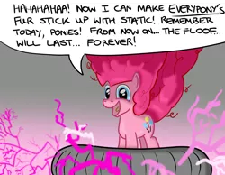 Size: 1080x840 | Tagged: safe, artist:hoofclid, derpibooru import, pinkie pie, pony, cute, evil laugh, faic, fluffy, happy, nightmare pinkie, nightmarified, pure unfiltered evil, smiling, solo, static electricity, tesla coil, xk-class end-of-the-world scenario