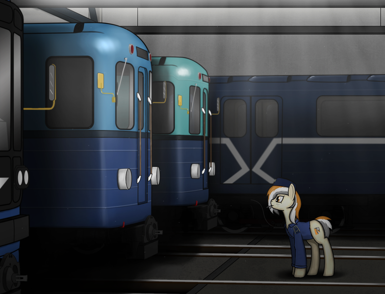 Size: 1513x1157 | Tagged: safe, artist:subway777, derpibooru import, oc, oc:godgi, unofficial characters only, earth pony, pony, 81-717/714, clothes, conductor, lens flare, metro, moscow metro, russia, solo, subway, train