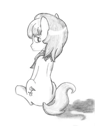 Size: 902x1190 | Tagged: safe, artist:spackle, derpibooru import, oc, oc:mossy vine, unofficial characters only, earth pony, pony, bandana, looking back, male, monochrome, sitting, smiling, solo, stallion, traditional art