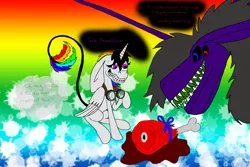 Size: 3000x2000 | Tagged: suggestive, artist:carnivore-alicorn, derpibooru import, oc, oc:lightning bliss, oc:rainbow rupee, unofficial characters only, alicorn, pony, alicorns, birthday, food, goggles, happy birthday, meat, present