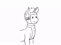 Size: 912x684 | Tagged: safe, artist:konstantin-kholchev, derpibooru import, oc, pony, unicorn, fallout equestria, fallout equestria: the rovers, horn, lineart, mask, monochrome, solo, unicorn oc, vault boy, vault suit