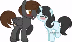 Size: 800x475 | Tagged: safe, artist:t-aroutachiikun, derpibooru import, oc, oc:carbon gem, oc:gunpowder flare, unofficial characters only, earth pony, pegasus, pony, base used, blushing, female, male, mare, nuzzling, oc x oc, raised hoof, shipping, simple background, stallion, transparent background