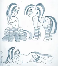 Size: 774x879 | Tagged: safe, artist:brianblackberry, derpibooru import, marble pie, pony, blushing, clothes, female, pencil drawing, sketch, socks, solo, striped socks, traditional art
