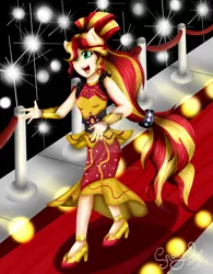 Size: 1024x1311 | Tagged: safe, artist:shamy-crist, derpibooru import, sunset shimmer, dance magic, equestria girls, spoiler:eqg specials, carpet, clothes, dress, pony ears, red carpet, solo, watermark