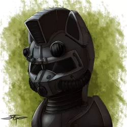 Size: 1000x1000 | Tagged: safe, artist:setharu, derpibooru import, oc, oc:steelhooves, unofficial characters only, earth pony, pony, fallout equestria, fanfic, abstract background, armor, bust, fanfic art, male, portrait, power armor, signature, solo, stallion, steel ranger