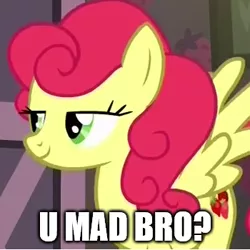 Size: 350x350 | Tagged: safe, derpibooru import, edit, edited screencap, screencap, strawberry sunrise, pony, honest apple, cropped, meme, solo, strawberry savage, u mad