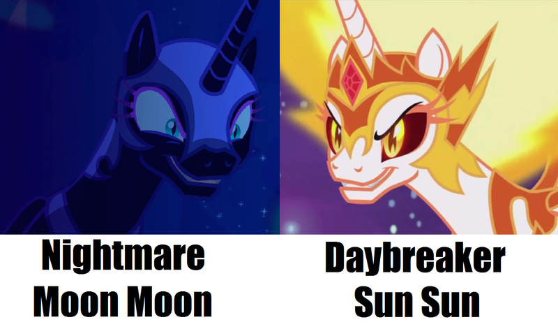 Size: 1396x822 | Tagged: safe, derpibooru import, edit, edited screencap, screencap, daybreaker, nightmare moon, alicorn, pony, a royal problem, the cutie re-mark, comparison, cropped, evil grin, grin, moon, moon moon, nightmare moon moon, royal sisters, smiling, sun, sun sun