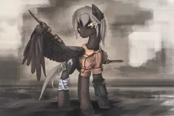 Size: 2400x1600 | Tagged: safe, artist:weirdcloud, derpibooru import, oc, unofficial characters only, pegasus, pony, fallout equestria, fanfic, apocalypse, engineer, fanfic art, kolijoker, pipbuck, solo, wasteland