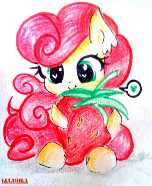 Size: 868x1064 | Tagged: safe, artist:liaaqila, derpibooru import, strawberry sunrise, pegasus, pony, honest apple, cute, female, heart eyes, looking at you, mare, signature, simple background, solo, strawwberry sunrise, traditional art, white background, wingding eyes