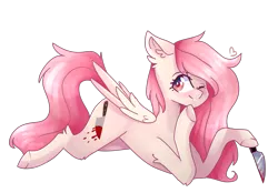 Size: 1805x1255 | Tagged: semi-grimdark, artist:emily-826, derpibooru import, oc, oc:punzie flower, unofficial characters only, pegasus, pony, blood, female, knife, mare, one eye closed, prone, simple background, solo, transparent background, wink