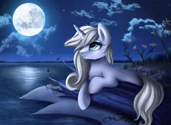 Size: 3509x2550 | Tagged: safe, artist:pridark, derpibooru import, oc, oc:moonbow, unofficial characters only, pony, unicorn, female, flower, lake, mare, moon, night, prone, solo