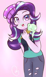 Size: 1459x2427 | Tagged: safe, artist:berrity, derpibooru import, starlight glimmer, equestria girls, mirror magic, spoiler:eqg specials, beanie, clothes, food, hat, ice cream, image, looking at you, png, solo, that human sure does love ice cream, tongue out, vest