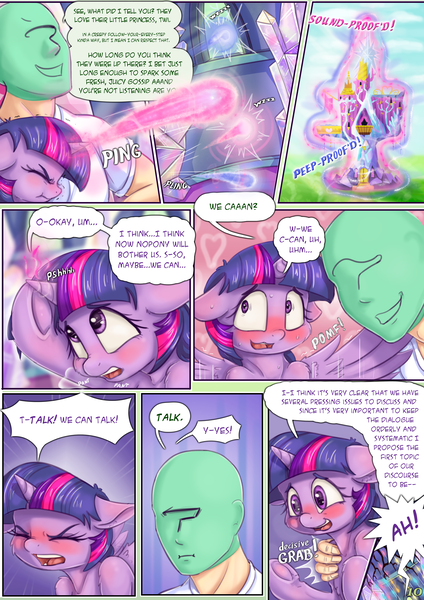 Size: 2480x3508 | Tagged: questionable, artist:alcor, derpibooru import, twilight sparkle, twilight sparkle (alicorn), oc, oc:anon, alicorn, human, pony, comic:display of passion, bedroom eyes, bipedal, blushing, colored pupils, comic, dialogue, ear fluff, embarrassed, estrus, eyes closed, female, floppy ears, frog (hoof), grab, heart, implied sex, in denial, interrupted, magic, magic aura, male, mare, panting, pomf, shut up, shut up twilight, speech bubble, spell, spread wings, sweat, sweatdrop, sweatdrops, sweating profusely, talking to herself, unamused, underhoof, wingboner, wings