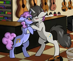 Size: 1024x852 | Tagged: safe, artist:riverofdreams, derpibooru import, oc, unofficial characters only, pony, unicorn, bipedal, blushing, glasses, kissing, oc x oc, shipping, store, violin