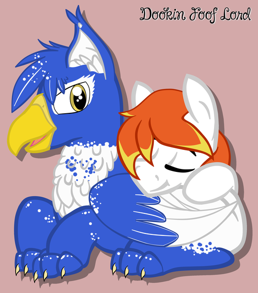 Size: 2397x2725 | Tagged: safe, artist:dookin, derpibooru import, oc, oc:clyne griffon, oc:dookin foof lord, unofficial characters only, demigryph, pony, cuddling, cute, fluffy, gay, male, oc x oc, shipping