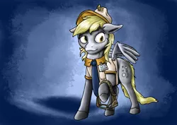 Size: 1200x848 | Tagged: safe, artist:wag-tail, derpibooru import, derpy hooves, pegasus, pony, abstract background, clothes, female, floppy ears, gloves, goggles, hat, mailmare, mare, raised hoof, solo, spread wings, uniform, wings