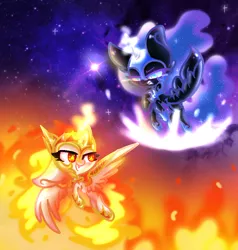 Size: 932x978 | Tagged: safe, artist:snowflakewonder, derpibooru import, daybreaker, nightmare moon, pony, a royal problem, chibi, diabreaker, female, filly, fire, flying, gritted teeth, nightmare woon, royal sisters, space, stars, wingding eyes, yin-yang