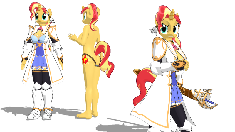 Size: 1280x720 | Tagged: 3d, 3dcg, anthro, armor, artist:ray670, artist:zoroark67, breasts, busty sunset shimmer, clothes, cocky, derpibooru import, longcoat, mmd, plantigrade anthro, scabbard, simple background, suggestive, sunset shimmer, sword, transparent background, weapon