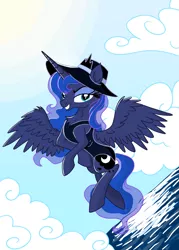 Size: 3445x4823 | Tagged: safe, alternate version, artist:darkest-lunar-flower, derpibooru import, princess luna, alicorn, pony, absurd resolution, clothes, cloud, flying, grin, hat, looking at you, one-piece swimsuit, sky, smiling, solo, sun, swimsuit