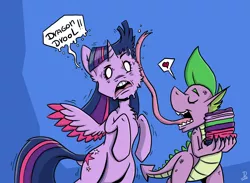 Size: 3875x2842 | Tagged: safe, artist:dinodraketakethecake, derpibooru import, lucy packard, spike, twilight sparkle, twilight sparkle (alicorn), alicorn, dragon, pony, behaving like a dog, colored wings, colored wingtips, grossed out, heart, licking, long tongue, peanuts (comic), rearing, snoopy, tongue out, towel, wide eyes