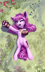 Size: 2400x3840 | Tagged: safe, artist:roadsleadme, derpibooru import, oc, oc:share dast, unofficial characters only, pony, behaving like a cat, bell, bell collar, cat ears, cat paws, chest fluff, collar, cute, fangs, flower, grass, looking at you, lying down, on back, one eye closed, open mouth, solo, wink