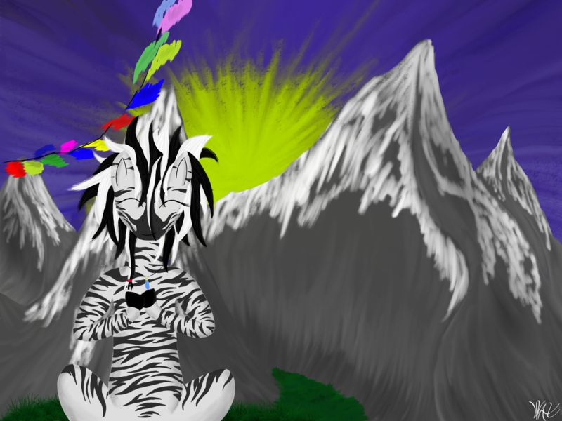 Size: 4096x3072 | Tagged: absurd resolution, artist:wax-42, buddhism, canyon, derpibooru import, grass, meditating, meditation, mountain, nepal, oc, safe, sun, sunset, unofficial characters only, zebra