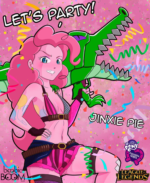 Size: 900x1098 | Tagged: suggestive, artist:tittoons, derpibooru import, gummy, pinkie pie, equestria girls, ammunition, belly button, belt, breasts, clothes, cosplay, costume, crossover, female, fishbones, jinx (league of legends), league of legends, looking at you, solo, solo female