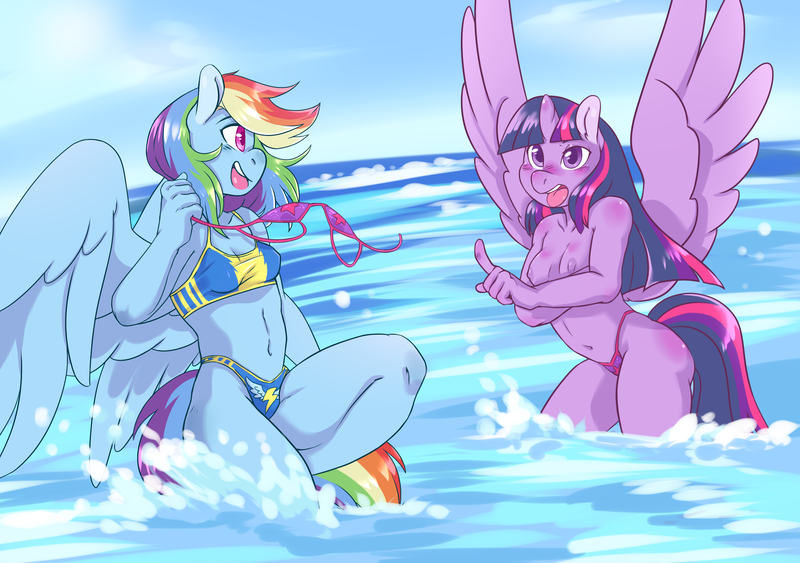 Size: 2810x1979 | Tagged: questionable, artist:mlpfwb, derpibooru import, rainbow dash, twilight sparkle, twilight sparkle (alicorn), alicorn, anthro, unguligrade anthro, assisted exposure, beach, belly button, bicolor swimsuit, bikini, bikini bottom, bikini top, blue swimsuit, blushing, breasts, clothes, clothing theft, cutie mark swimsuit, embarrassed, embarrassed nude exposure, exhibitionism, exposed, exposed breasts, female, females only, horizon, humiliation, laughing, lesbian, mare, midriff, missing cutie mark, nipples, nudity, ocean, partial nudity, pointing, prank, public, purple swimsuit, rainbow douche, running, shipping, small breasts, spread wings, string bikini, surprised, swimming, swimsuit, swimsuit theft, thong swimsuit, topless, twidash, undressing, uniform, water, wings, wonderbolts swimsuit, wonderbolts uniform, yelling
