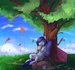 Size: 1433x1355 | Tagged: safe, artist:1an1, derpibooru import, oc, unofficial characters only, pony, basket, cloud, food, grass, kite, picnic, picnic basket, sandwich, signature, sitting, sky, solo, tree, under the tree