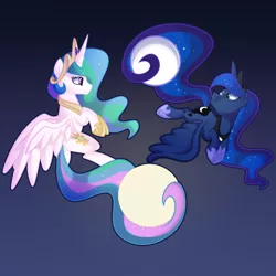 Size: 1000x1000 | Tagged: safe, artist:drawntildawn, derpibooru import, princess celestia, princess luna, alicorn, pony, duo, female, flying, full moon, gradient background, looking at each other, looking back, mare, moon, prehensile tail, royal sisters, sisters, smiling, spread wings, sun, tail hold, tangible heavenly object, wings