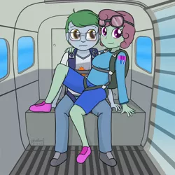 Size: 1500x1500 | Tagged: safe, artist:phallen1, derpibooru import, oc, oc:software patch, oc:windcatcher, unofficial characters only, equestria girls, aircraft, awkward, blushing, clothes, cramped, equestria girls-ified, glasses, goggles, hand on shoulder, interior, parachute, plane, sitting, sitting on lap, skydiving, windpatch